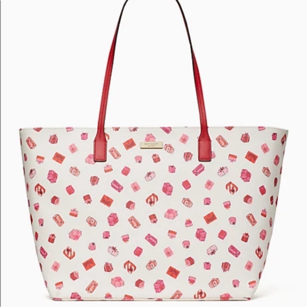 Kate Spade Red and Pink Gift Pattern Tote with Wristlet - Picture 2 of 7